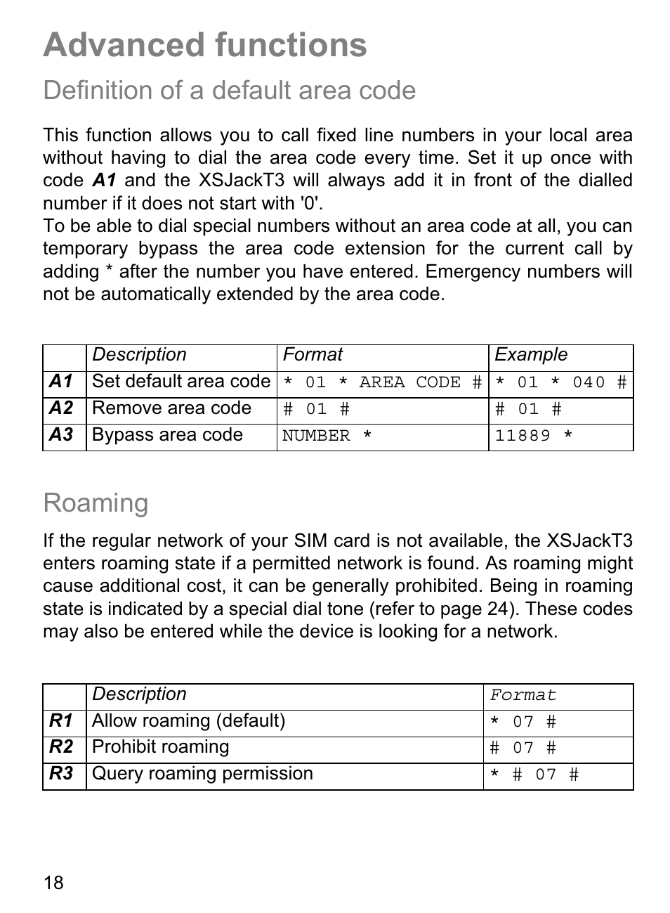 Advanced functions, Definition of a default area code, Roaming | 4G Systems XSJack T3e User Manual | Page 18 / 33