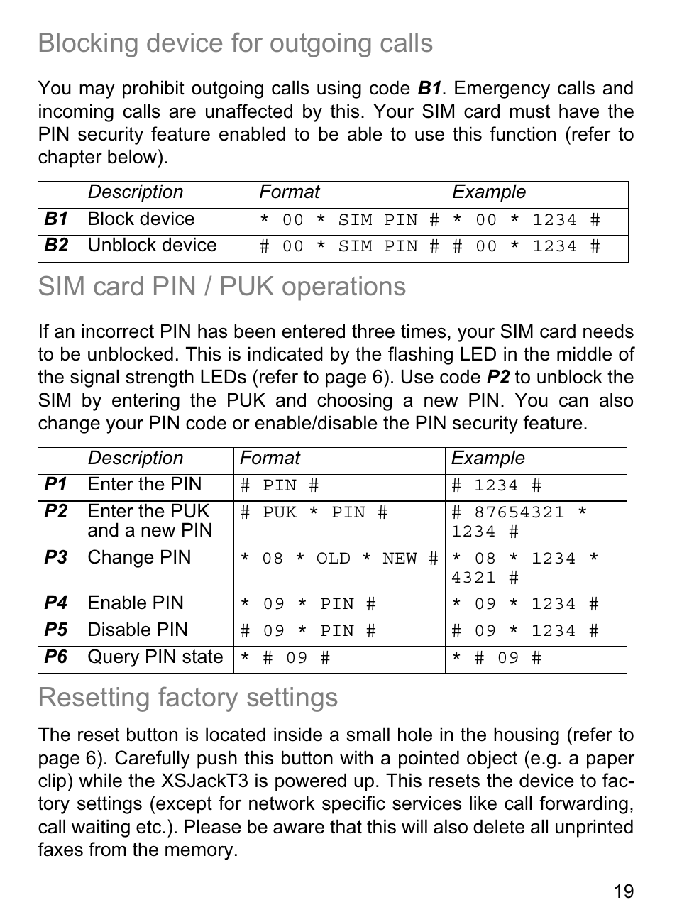 Blocking device for outgoing calls, Sim card pin / puk operations, Resetting factory settings | 4G Systems XSJack T3e User Manual | Page 19 / 33
