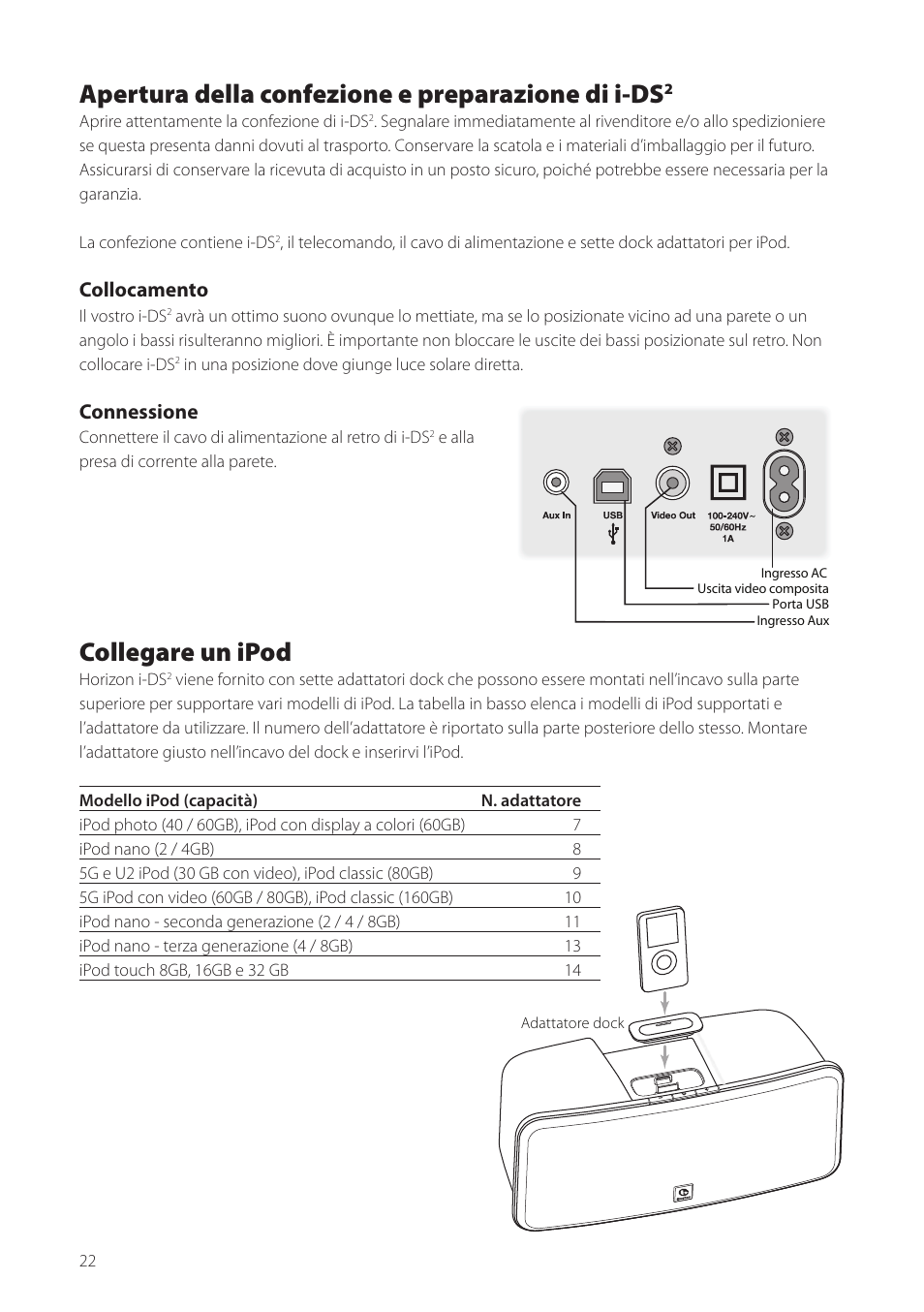 Apertura della confezione e preparazione di i-ds, Collegare un ipod, Collocamento | Connessione | Boston Acoustics Horizon i-DS2 User Manual | Page 22 / 41