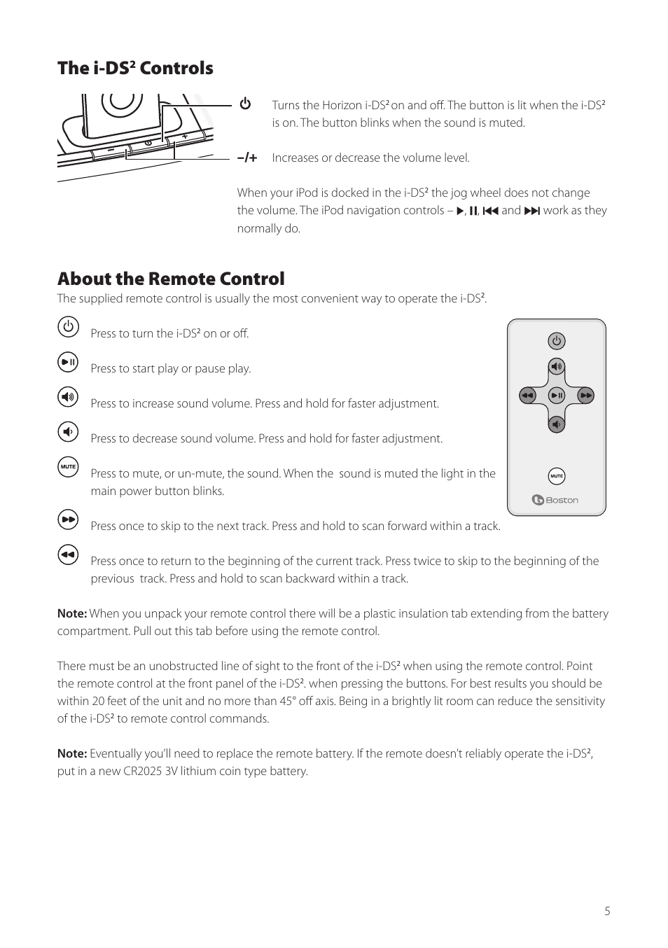 The i-ds, Controls, About the remote control | Boston Acoustics Horizon i-DS2 User Manual | Page 5 / 41