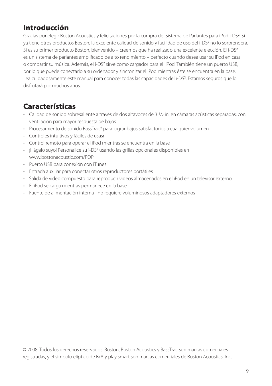 Introducción, Características | Boston Acoustics Horizon i-DS2 User Manual | Page 9 / 41