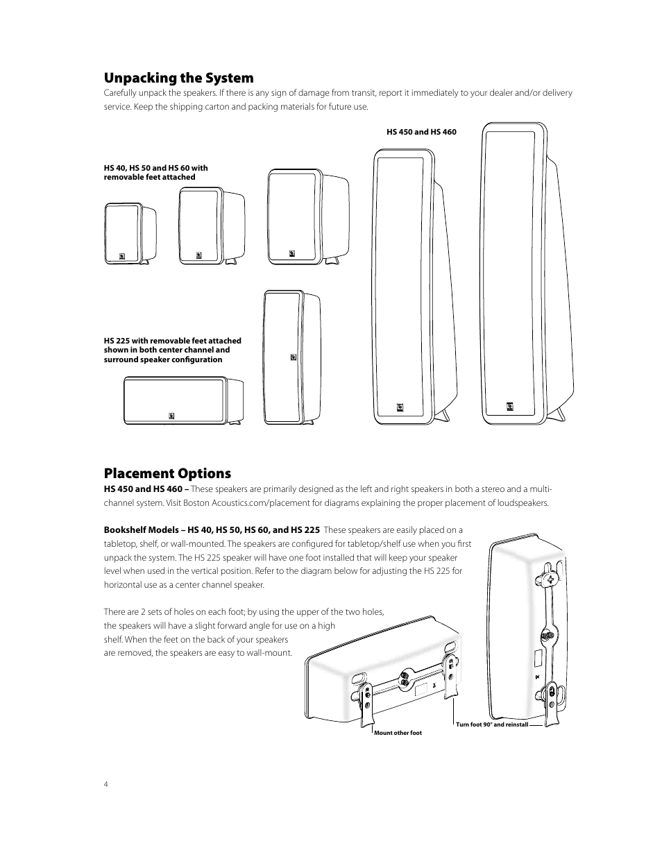 Unpacking the system, Placement options | Boston Acoustics Horizon Series HS225 User Manual | Page 4 / 8