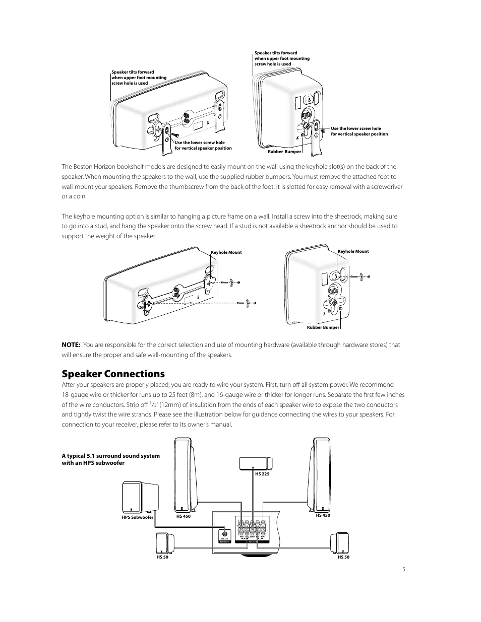 Speaker connections | Boston Acoustics Horizon Series HS225 User Manual | Page 5 / 8