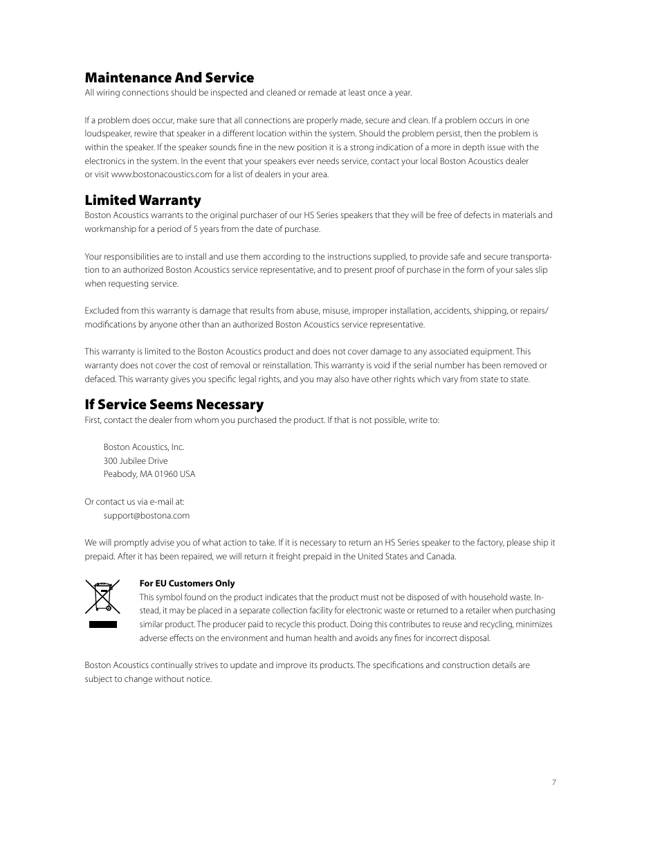 Maintenance and service, Limited warranty, If service seems necessary | Boston Acoustics Horizon Series HS225 User Manual | Page 7 / 8