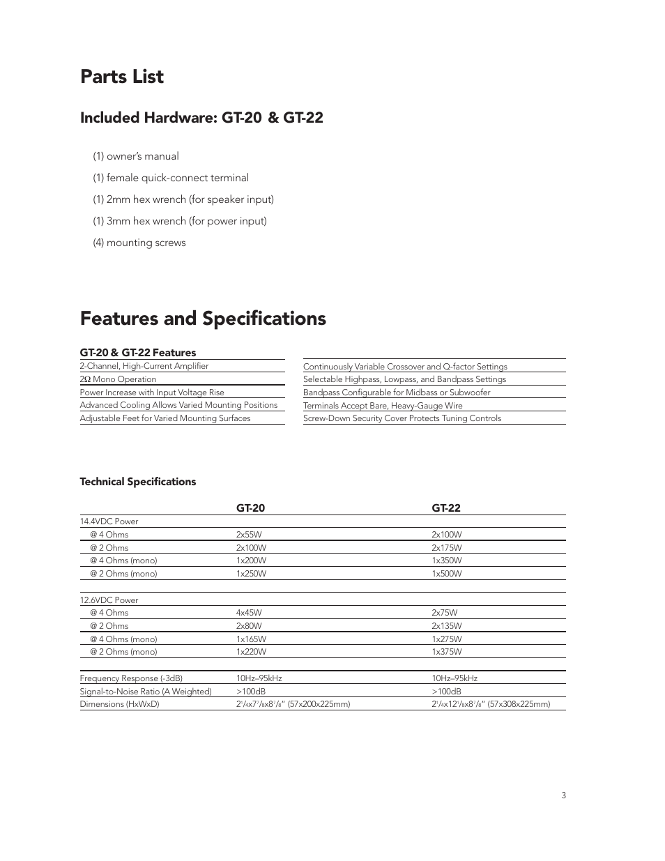 Parts list, Features and specifications, Included hardware: gt-20 & gt-22 | Boston Acoustics GT-20 User Manual | Page 3 / 19