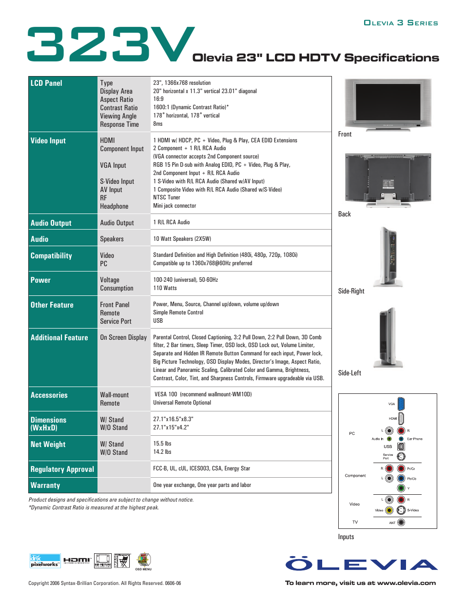 323v, Olevia 23" lcd hdtv specifications | Brilliant Label 323V User Manual | Page 2 / 2