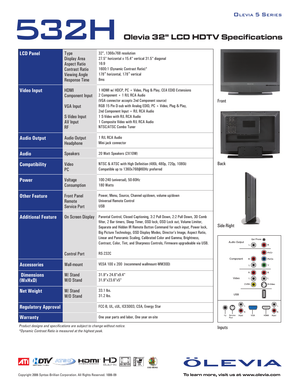 532h, Olevia 32" lcd hdtv specifications | Brilliant Label 532H User Manual | Page 2 / 2