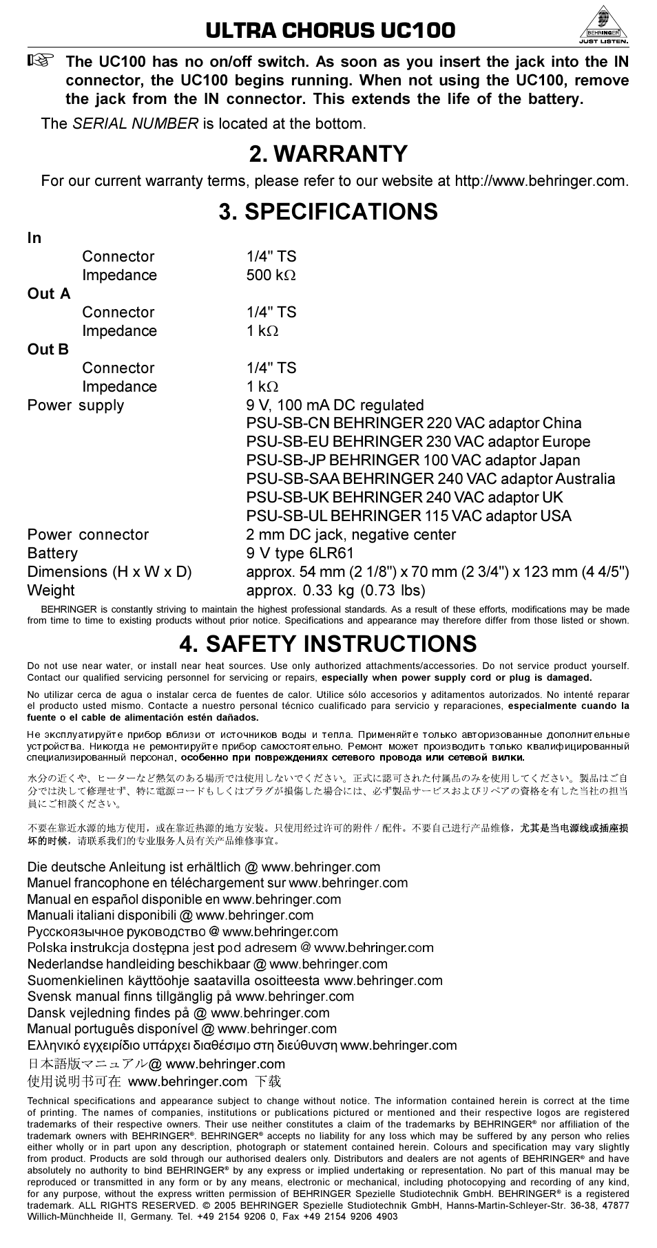 Ultra chorus uc100, Warranty, Specifications | Safety instructions | Behringer Ultra Chorus UC100 User Manual | Page 2 / 2