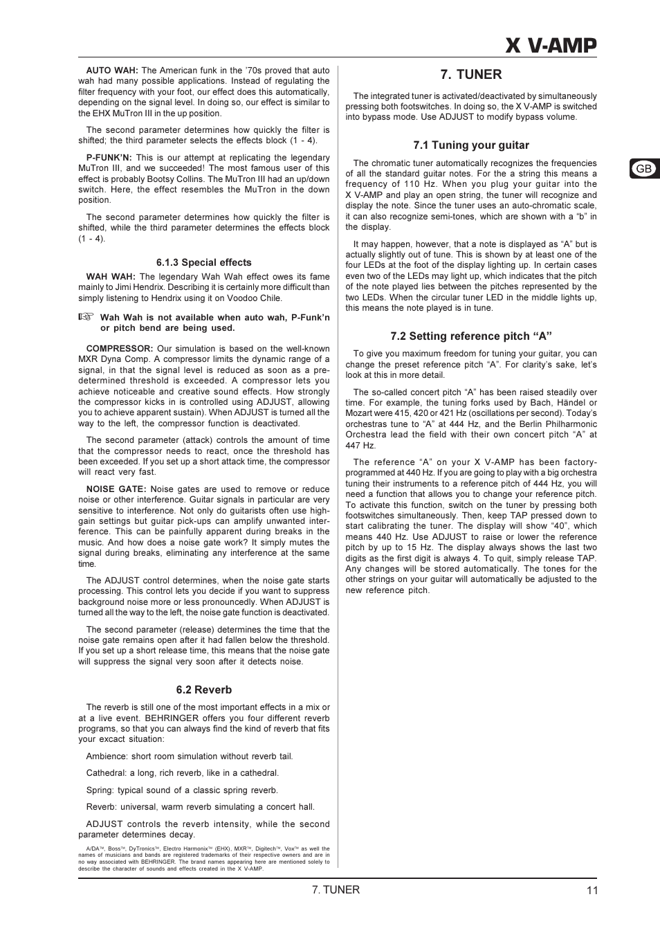 X v-amp, Tuner, 2 reverb | 1 tuning your guitar, 2 setting reference pitch a | Behringer X V-AMP User Manual | Page 11 / 13