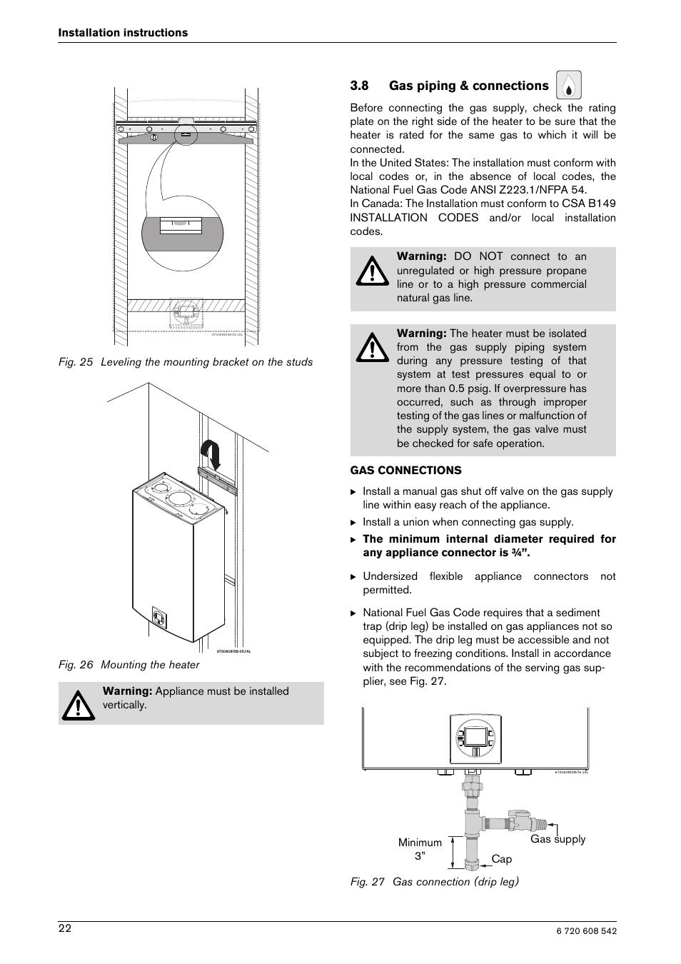 Gas piping & connections | Bosch GWH 2700 ES LP User Manual | Page 22 / 60