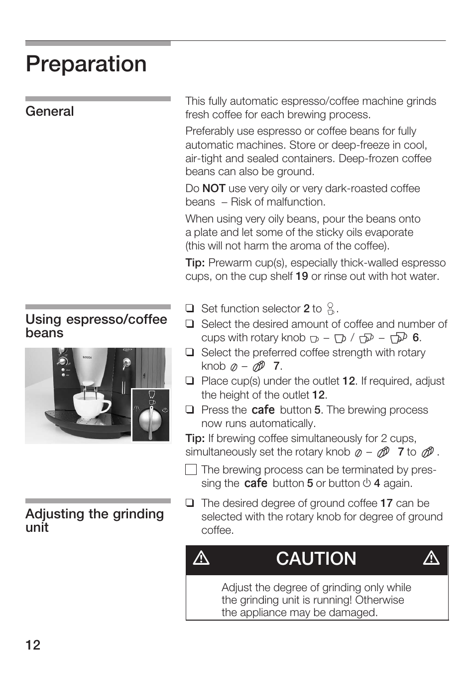 Preparation, Dcaution d | Bosch TCA 6001 UC User Manual | Page 12 / 91
