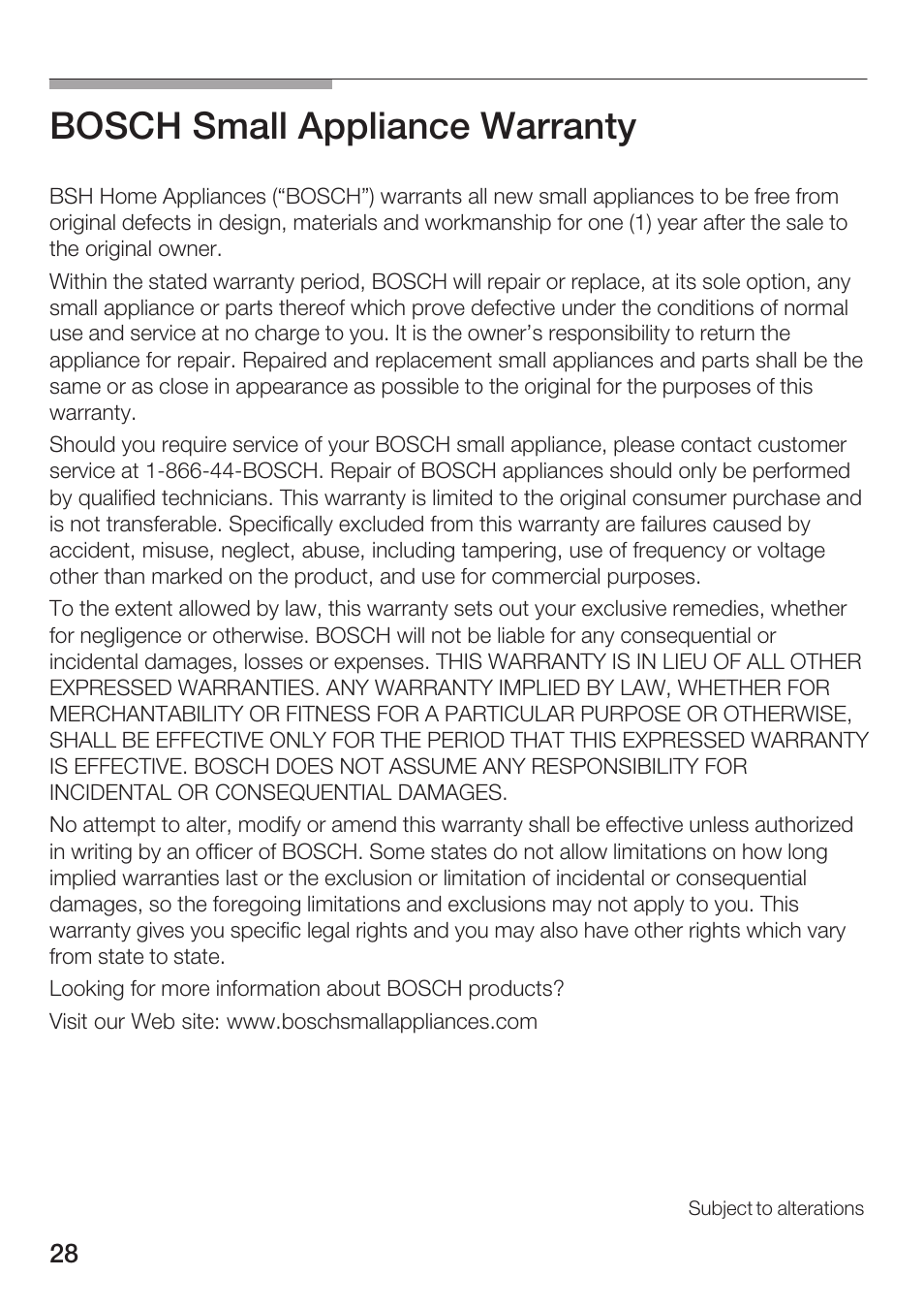 Bosch small appliance warranty | Bosch TCA 6001 UC User Manual | Page 28 / 91
