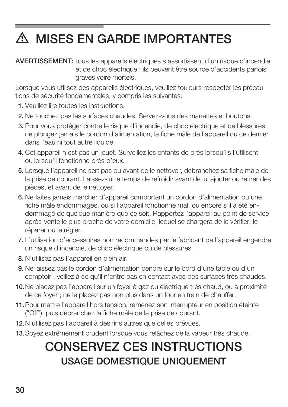 Mises en garde importantes, Conservez ces instructions, Usage domestique uniquement | Bosch TCA 6001 UC User Manual | Page 30 / 91