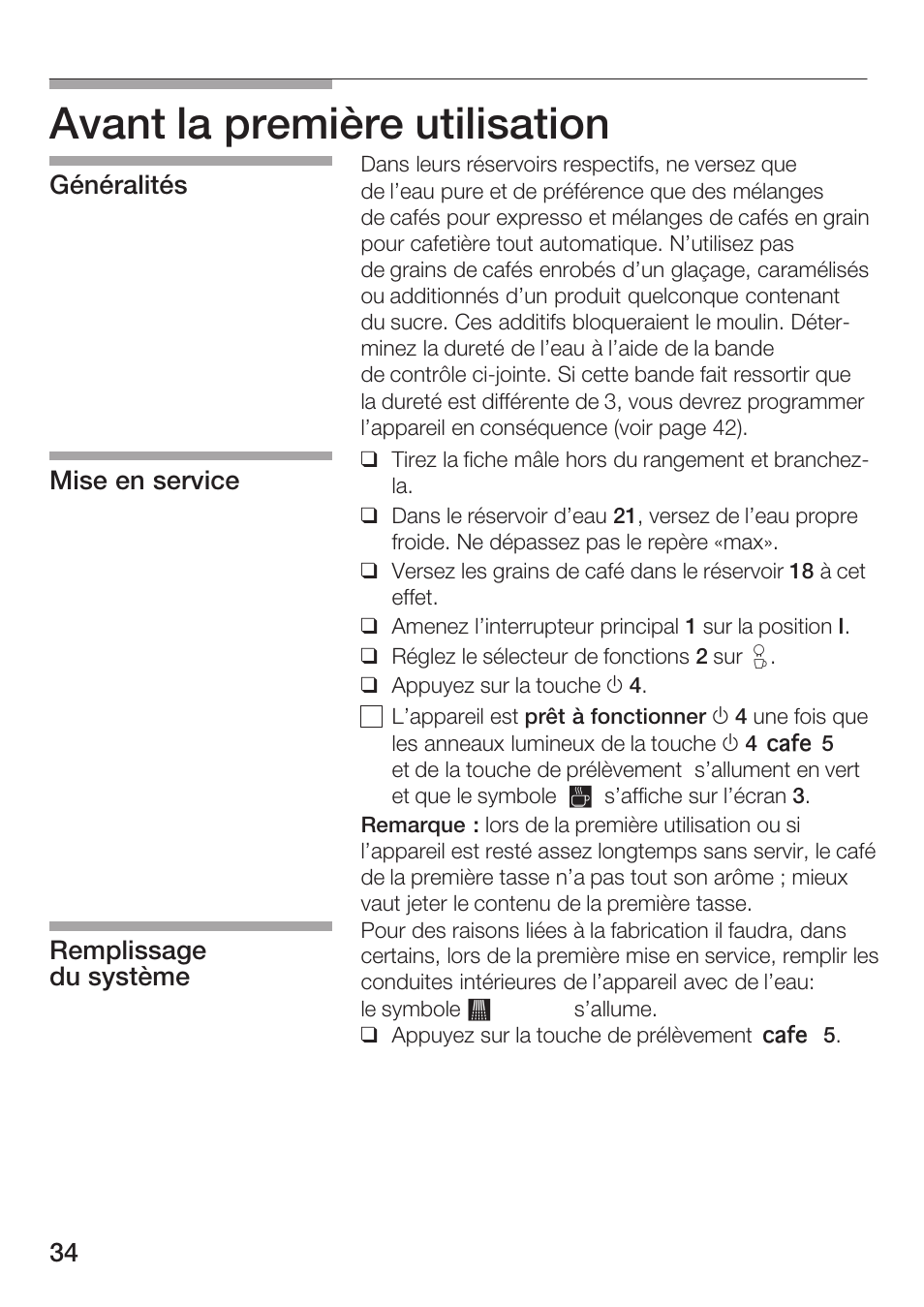 Avant la première utilisation, Généralités mise en service remplissage du système | Bosch TCA 6001 UC User Manual | Page 34 / 91