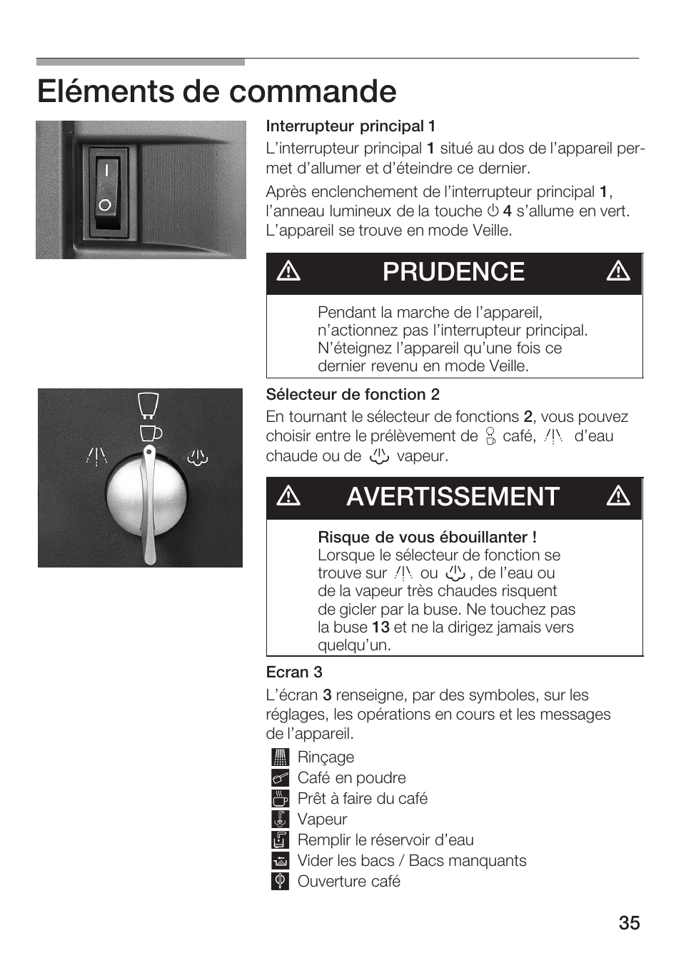 Eléments de commande, Dprudence d, Davertissement d | Bosch TCA 6001 UC User Manual | Page 35 / 91