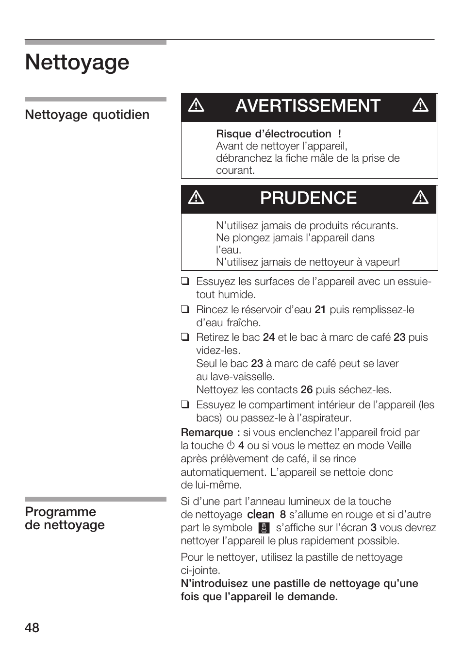 Nettoyage, Davertissement d, Dprudence d | Bosch TCA 6001 UC User Manual | Page 48 / 91