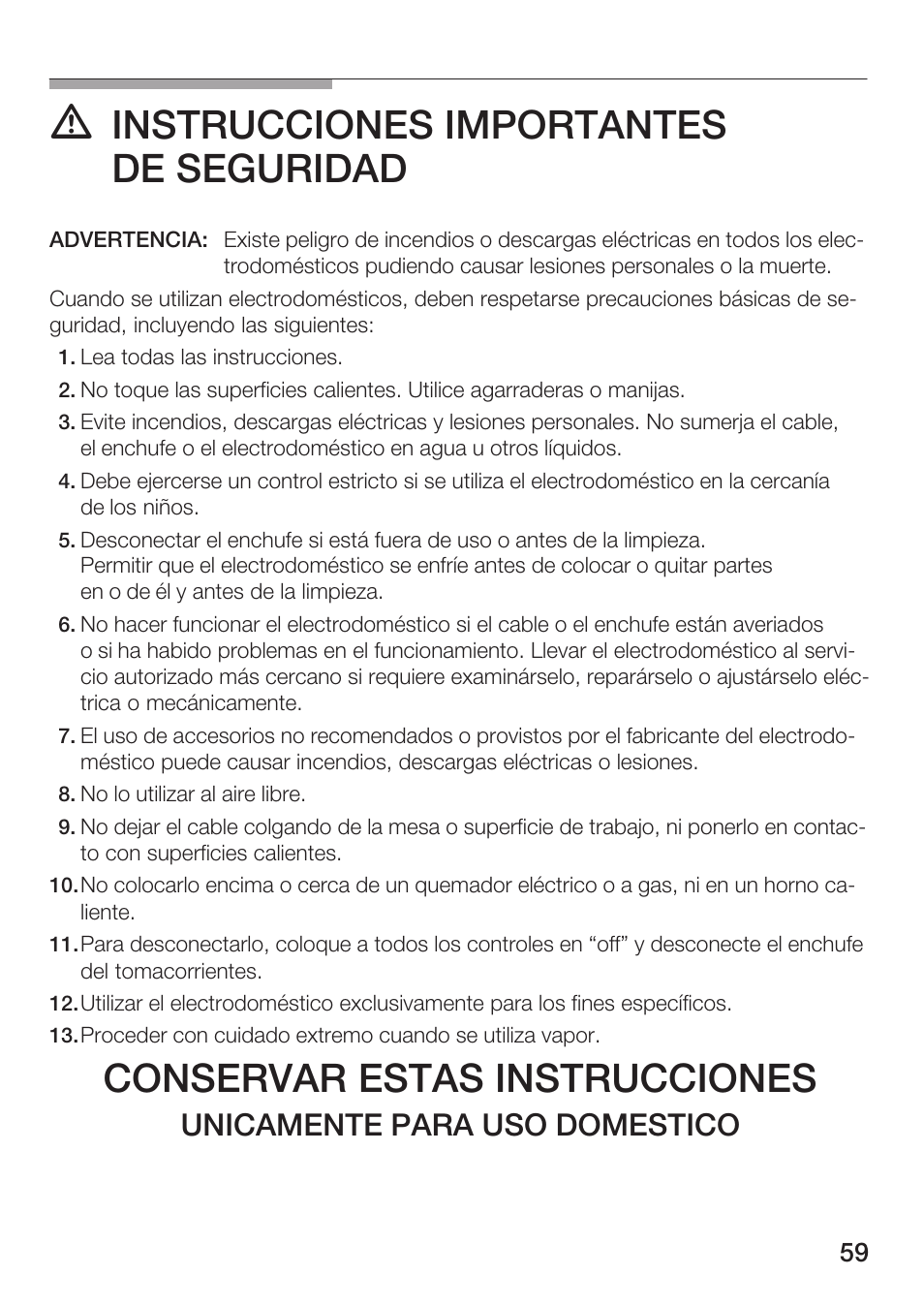 Instrucciones importantes de seguridad, Conservar estas instrucciones, Unicamente para uso domestico | Bosch TCA 6001 UC User Manual | Page 59 / 91