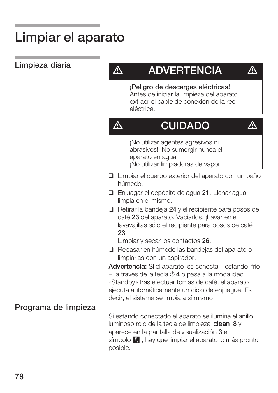 Limpiar el aparato 4, Dadvertencia d, Dcuidado d | Bosch TCA 6001 UC User Manual | Page 78 / 91