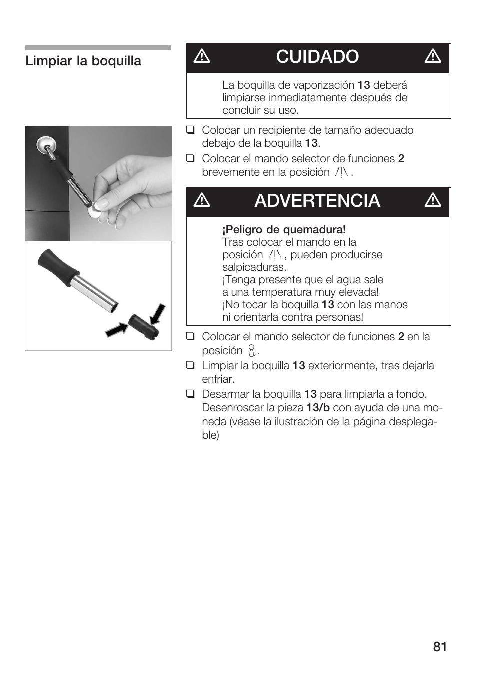 Dcuidado d, Dadvertencia d | Bosch TCA 6001 UC User Manual | Page 81 / 91