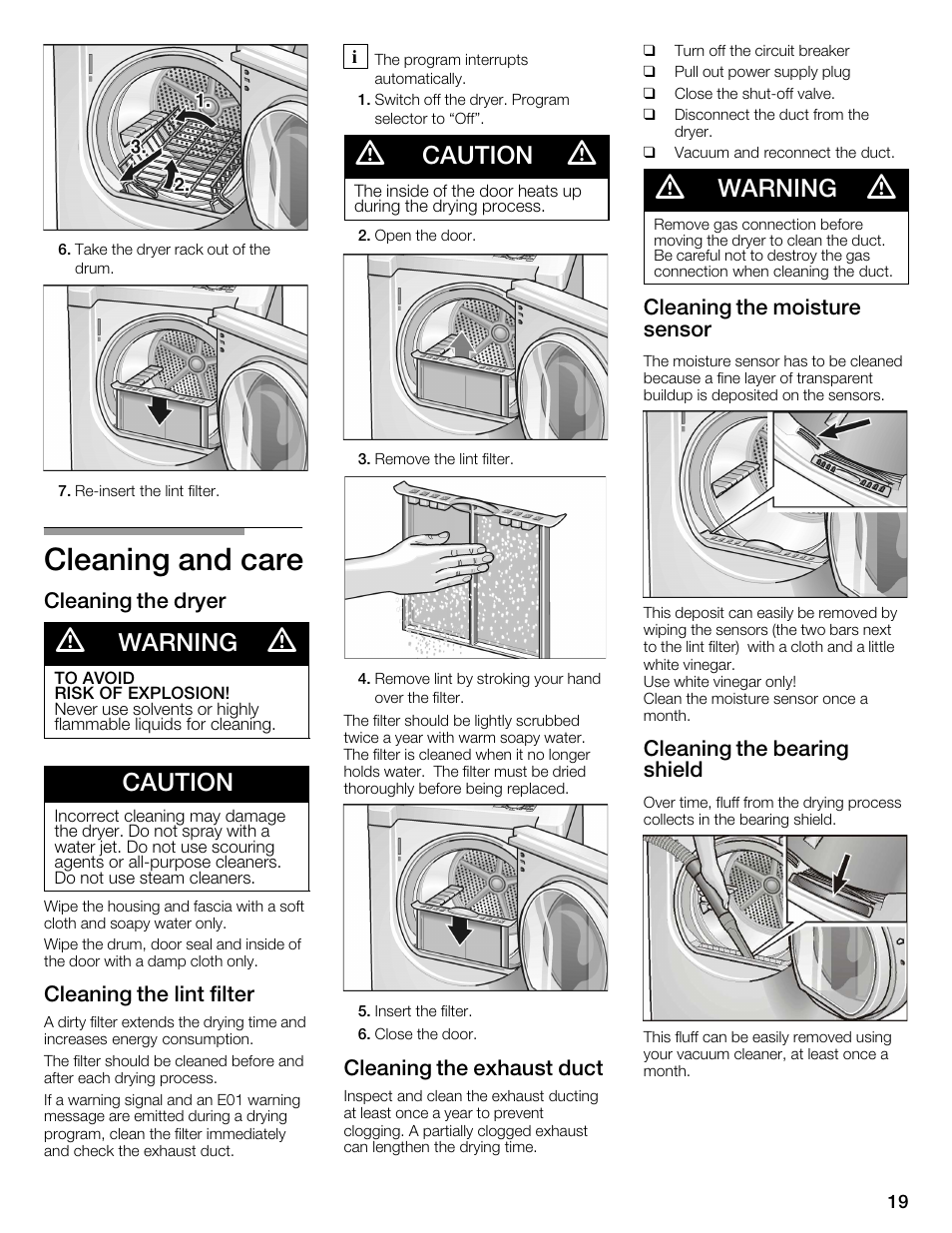 Cleaning and care, Warning, Caution | Bosch WTMC352SUC User Manual | Page 19 / 68