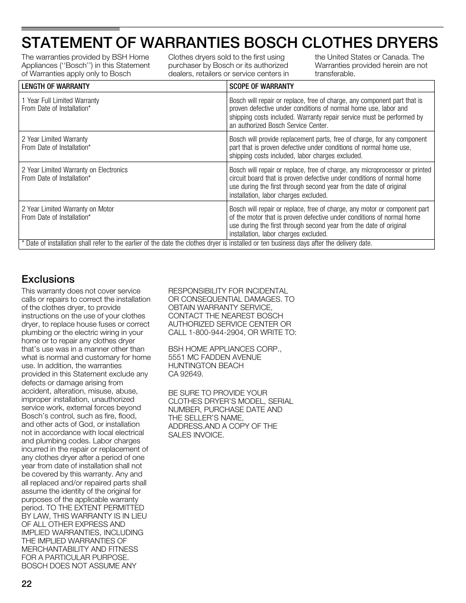 Statement of warranties bosch clothes dryers, Exclusions | Bosch WTMC352SUC User Manual | Page 22 / 68