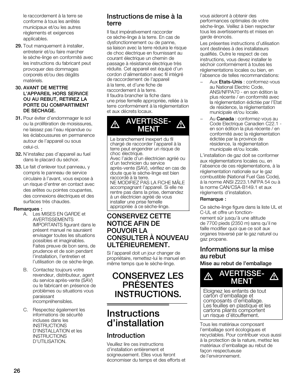 Instructions d'installation, Conservez les présentes instructions, Avertisseć ment | Instructions de mise à la terre, Introduction, Informations sur la mise au rebut | Bosch WTMC352SUC User Manual | Page 26 / 68