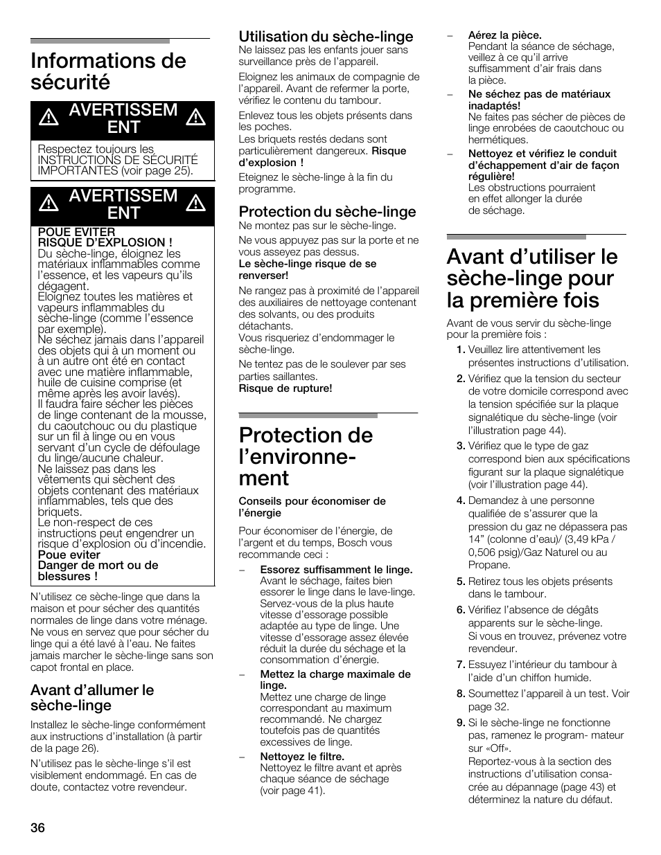 Informations de sécurité d, Protection de l'environneć ment, Avertissem ent | Avant d'allumer le sèchećlinge, Utilisation du sèchećlinge, Protection du sèchećlinge | Bosch WTMC352SUC User Manual | Page 36 / 68