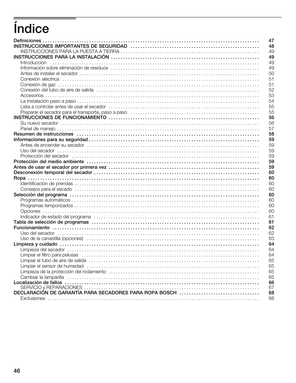 Índice | Bosch WTMC352SUC User Manual | Page 46 / 68