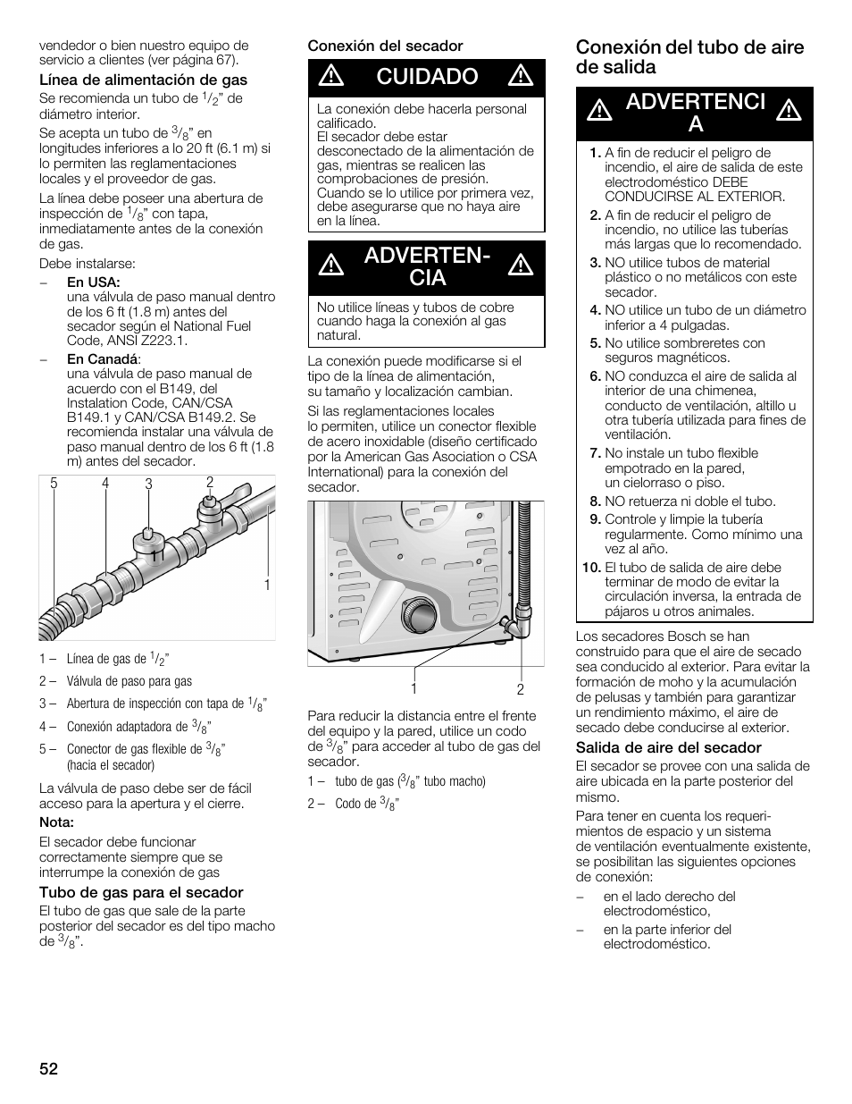 Cuidado, Advertenć cia, Advertenci a | Conexión del tubo de aire de salida | Bosch WTMC352SUC User Manual | Page 52 / 68
