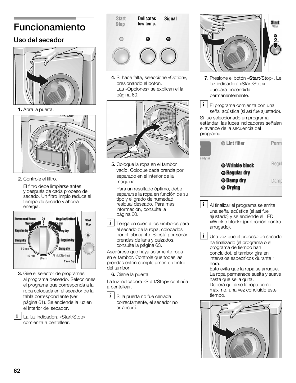 Funcionamiento, Uso del secador | Bosch WTMC352SUC User Manual | Page 62 / 68
