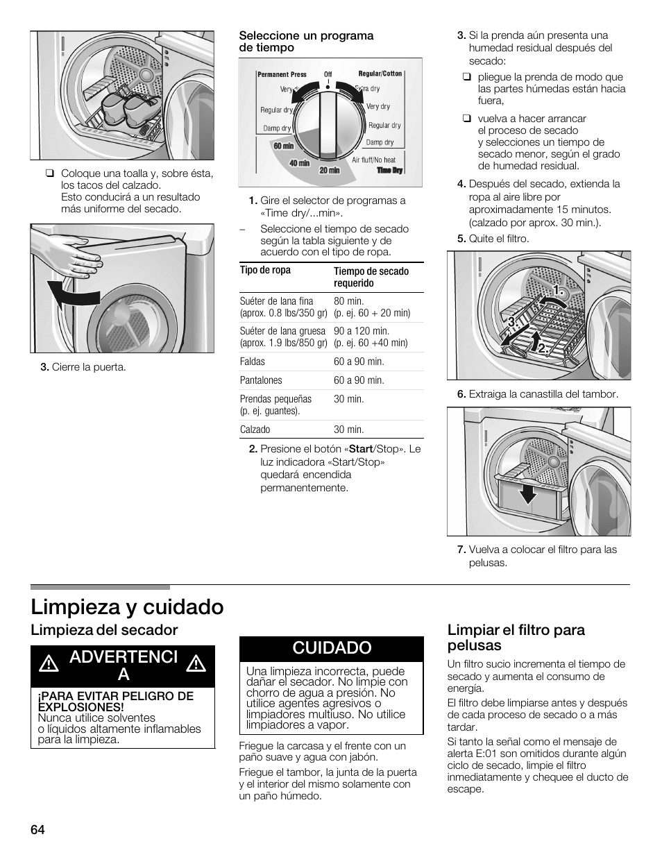 Limpieza y cuidado, Advertenci a, Cuidado | Limpieza del secador, Limpiar el filtro para pelusas | Bosch WTMC352SUC User Manual | Page 64 / 68