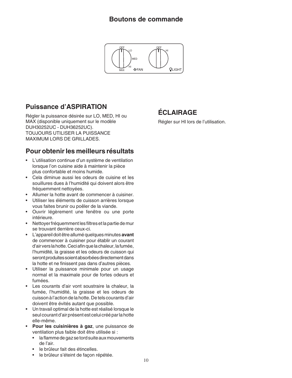 Boutons de commande puissance d’aspiration, Pour obtenir les meilleurs résultats, Éclairage | Bosch DUH36152UC User Manual | Page 10 / 20
