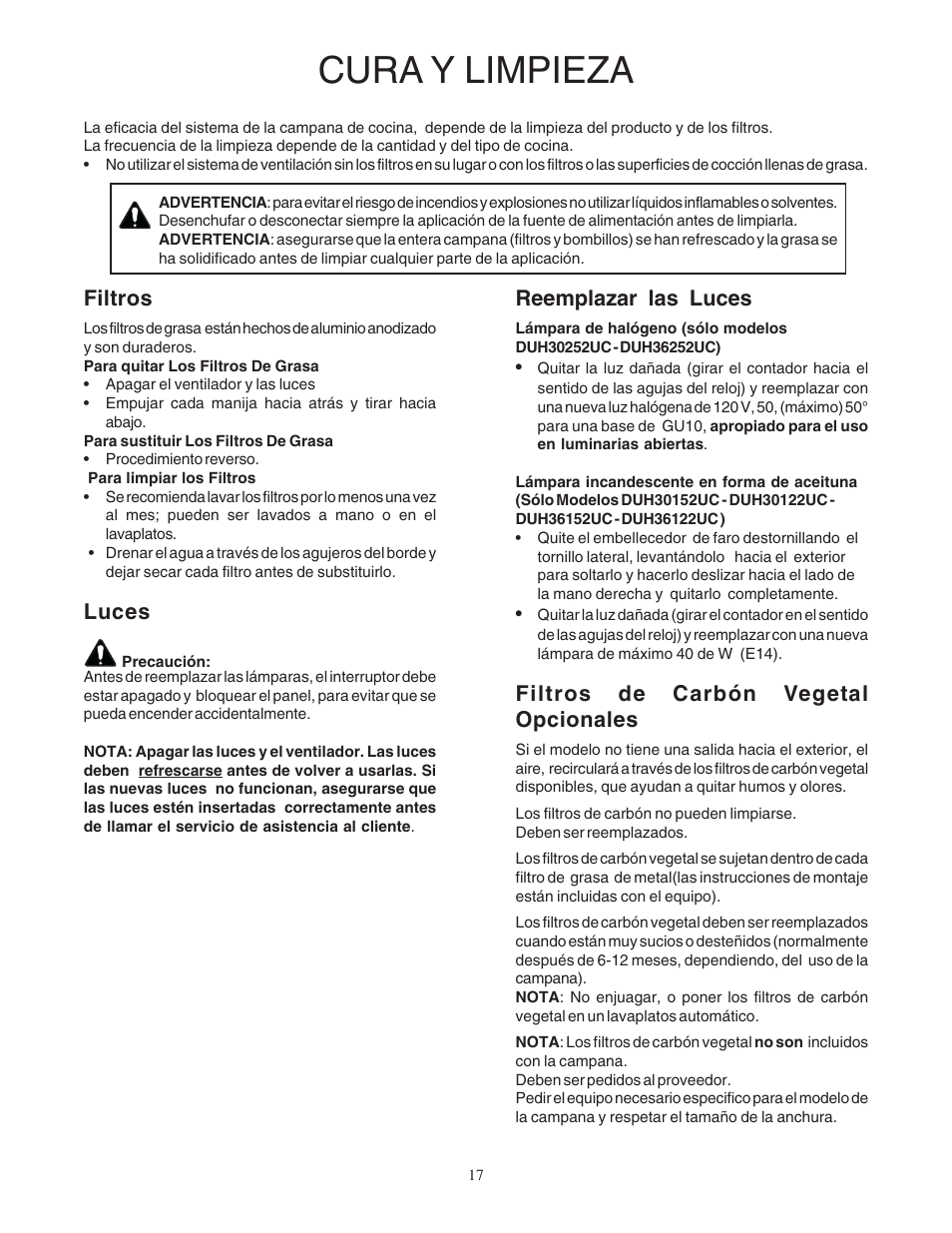 Cura y limpieza, Filtros, Luces | Reemplazar las luces, Filtros de carbón vegetal opcionales | Bosch DUH36152UC User Manual | Page 17 / 20