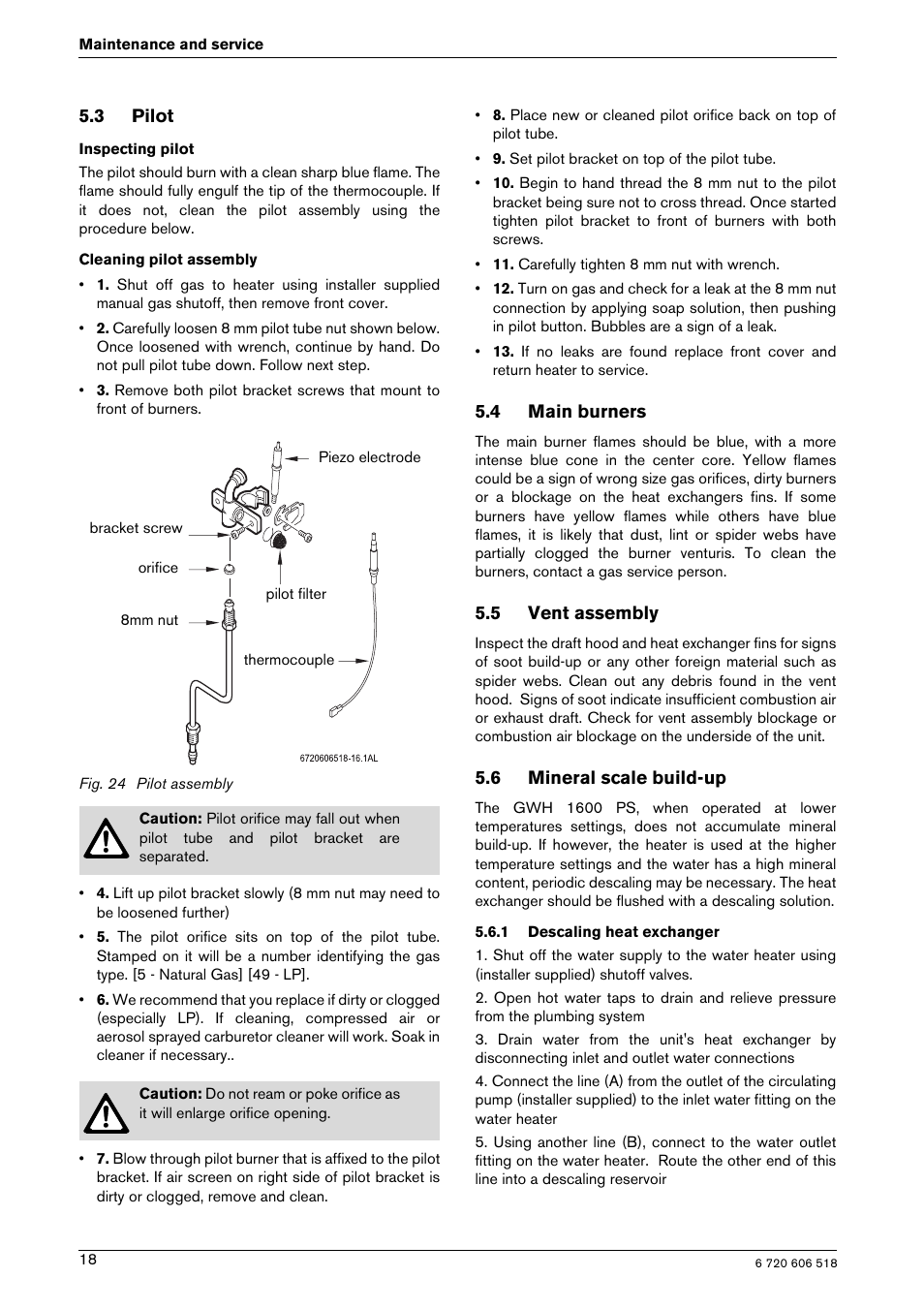 3 pilot, 4 main burners, 5 vent assembly | 6 mineral scale build-up | Bosch GWH 1600 PS User Manual | Page 18 / 28