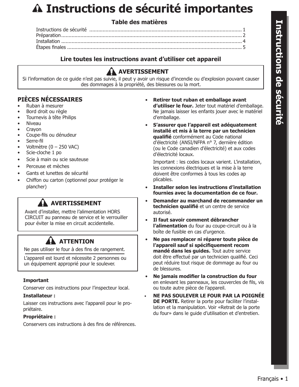 Instructions de sécurité importantes, Installation étapes ﬁ nales, Instructions de sécurité préparation | Bosch BOSCH WALL OVENS User Manual | Page 9 / 20