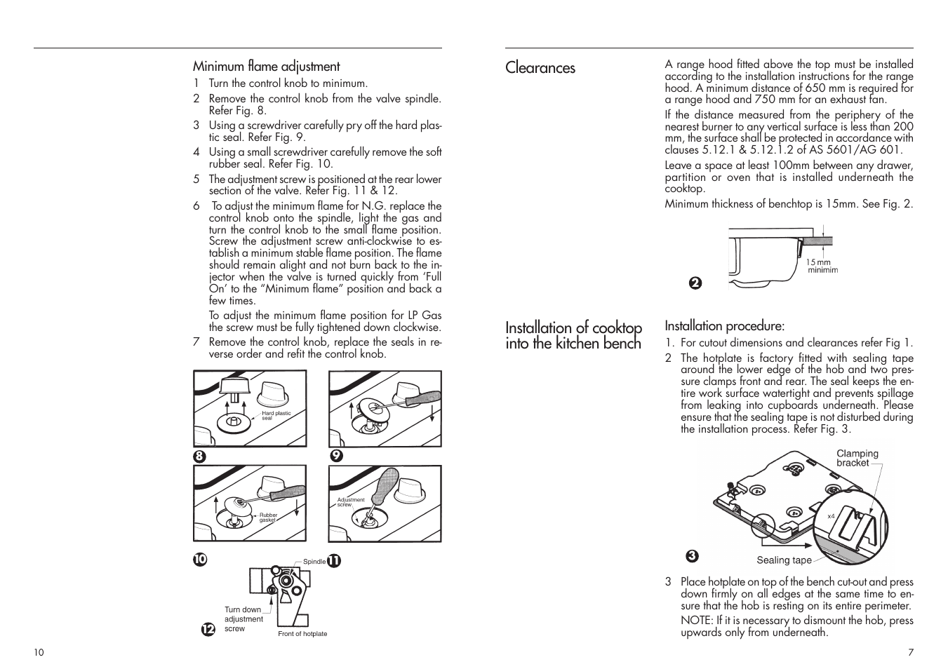 Installation of cooktop into the kitchen bench, Clearances | Bosch PCH 615 DAU User Manual | Page 7 / 8