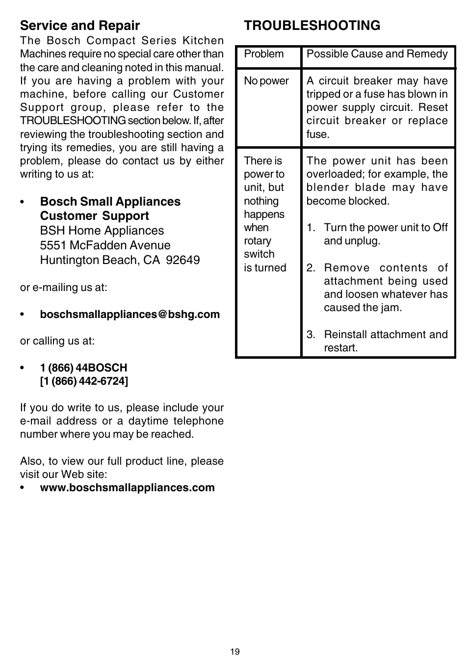 Service and repair, Troubleshooting | Bosch MUM 4405 UC User Manual | Page 19 / 24