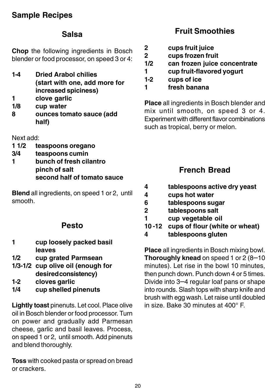 Sample recipes salsa, Pesto, Fruit smoothies | French bread | Bosch MUM 4405 UC User Manual | Page 20 / 24