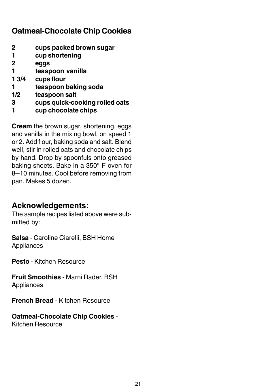 Oatmeal-chocolate chip cookies, Acknowledgements | Bosch MUM 4405 UC User Manual | Page 21 / 24