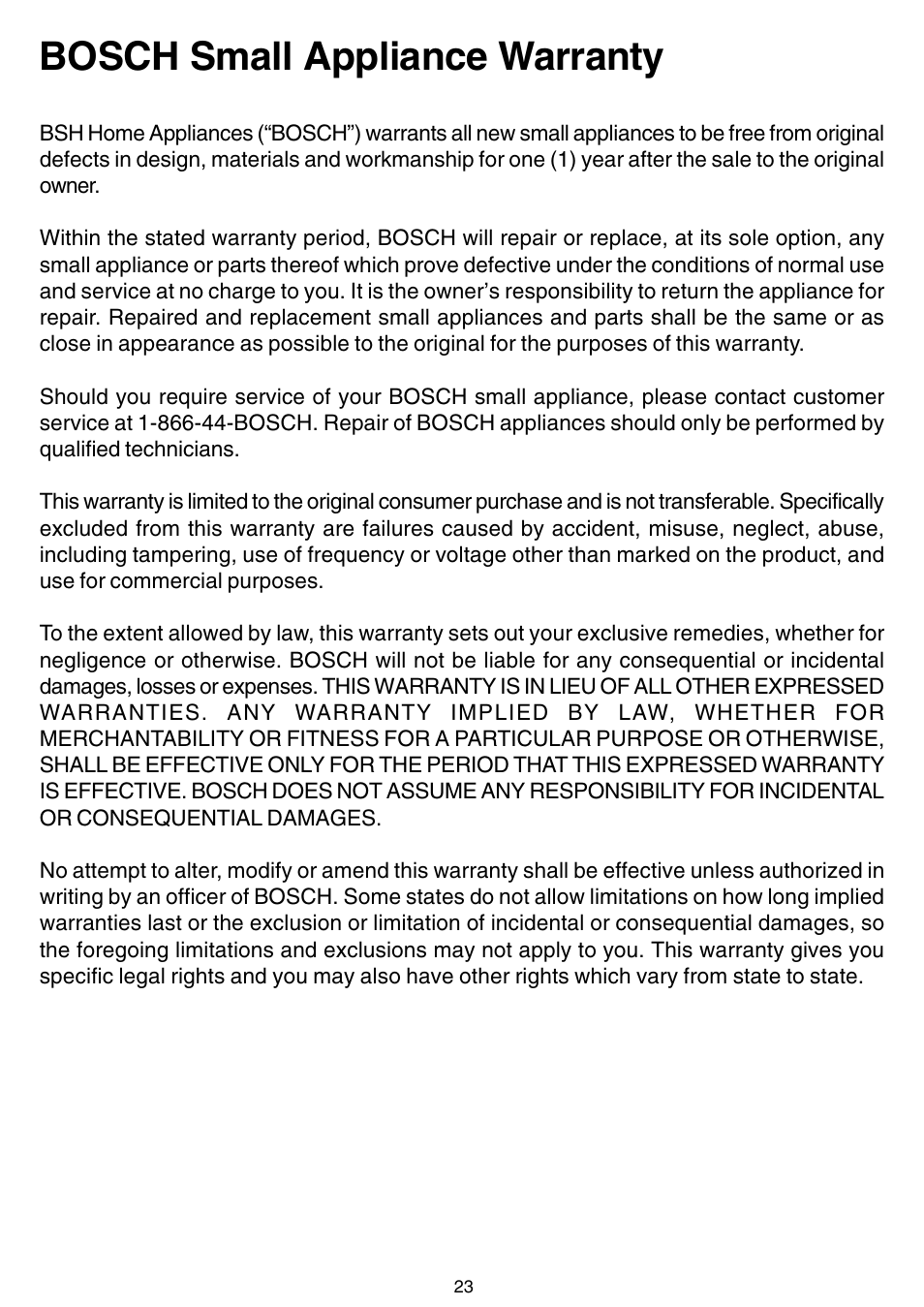 Bosch small appliance warranty | Bosch MUM 4405 UC User Manual | Page 23 / 24