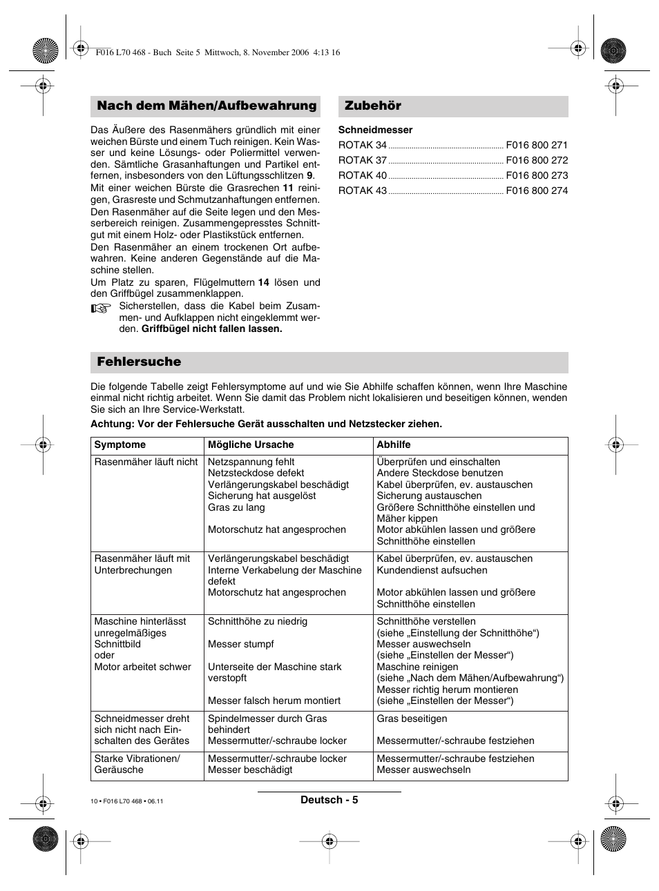 Nach dem mähen/aufbewahrung zubehör fehlersuche | Bosch ROTAK 37 User Manual | Page 10 / 171