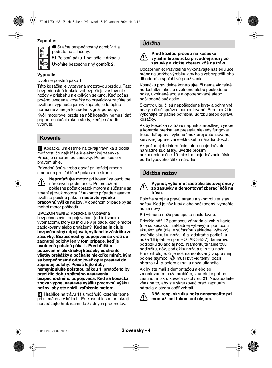 Kosenie, Údrïba údrïba noïov | Bosch ROTAK 37 User Manual | Page 100 / 171