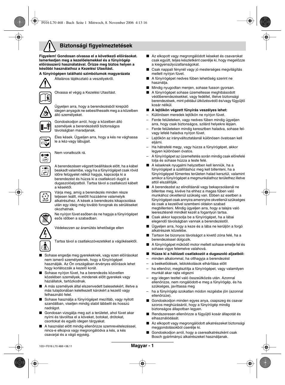 Biztonsági figyelmeztetések | Bosch ROTAK 37 User Manual | Page 103 / 171