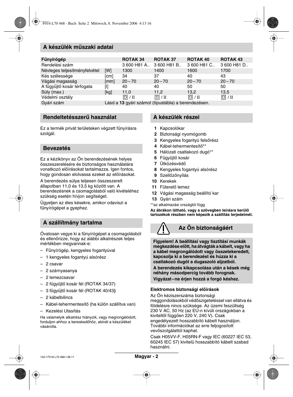 A készülék mæszaki adatai | Bosch ROTAK 37 User Manual | Page 104 / 171