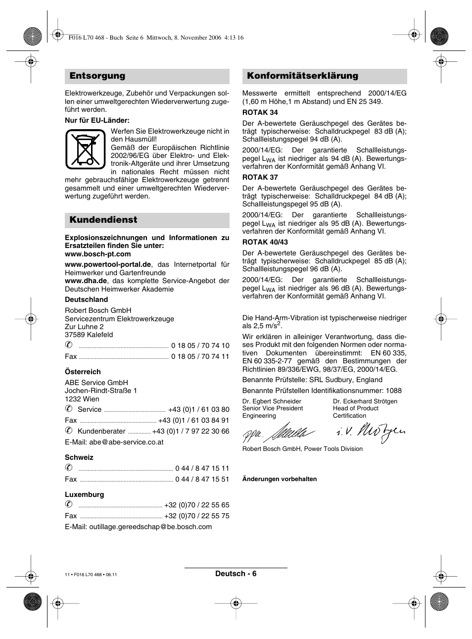 Entsorgung kundendienst konformitätserklärung | Bosch ROTAK 37 User Manual | Page 11 / 171