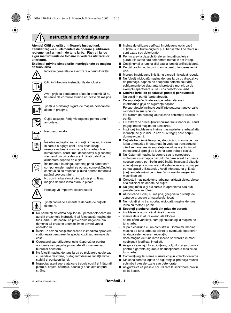 Instrucøiuni privind siguranøa | Bosch ROTAK 37 User Manual | Page 121 / 171