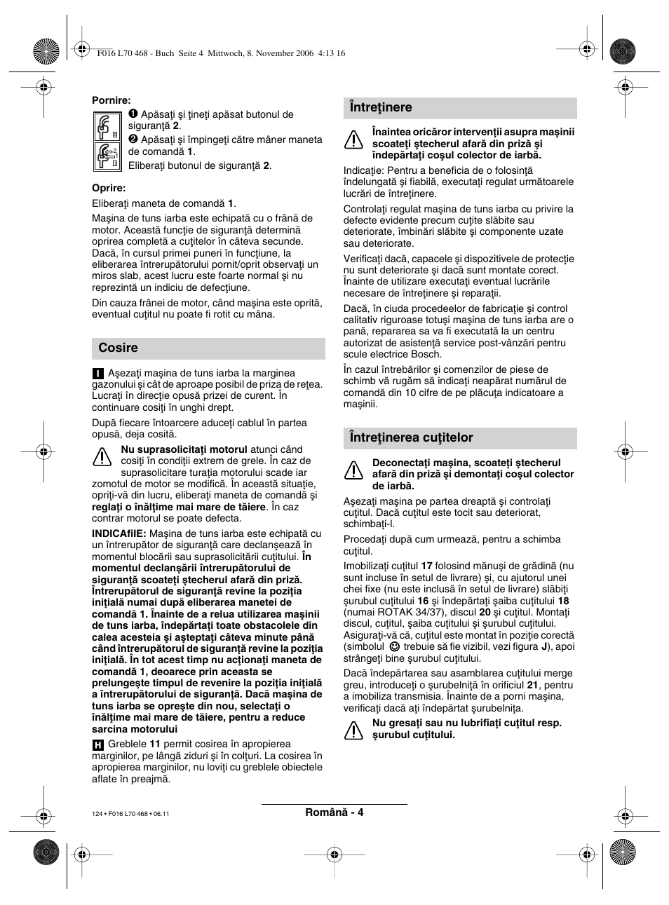 Cosire, Întreøinere întreøinerea cuøitelor | Bosch ROTAK 37 User Manual | Page 124 / 171