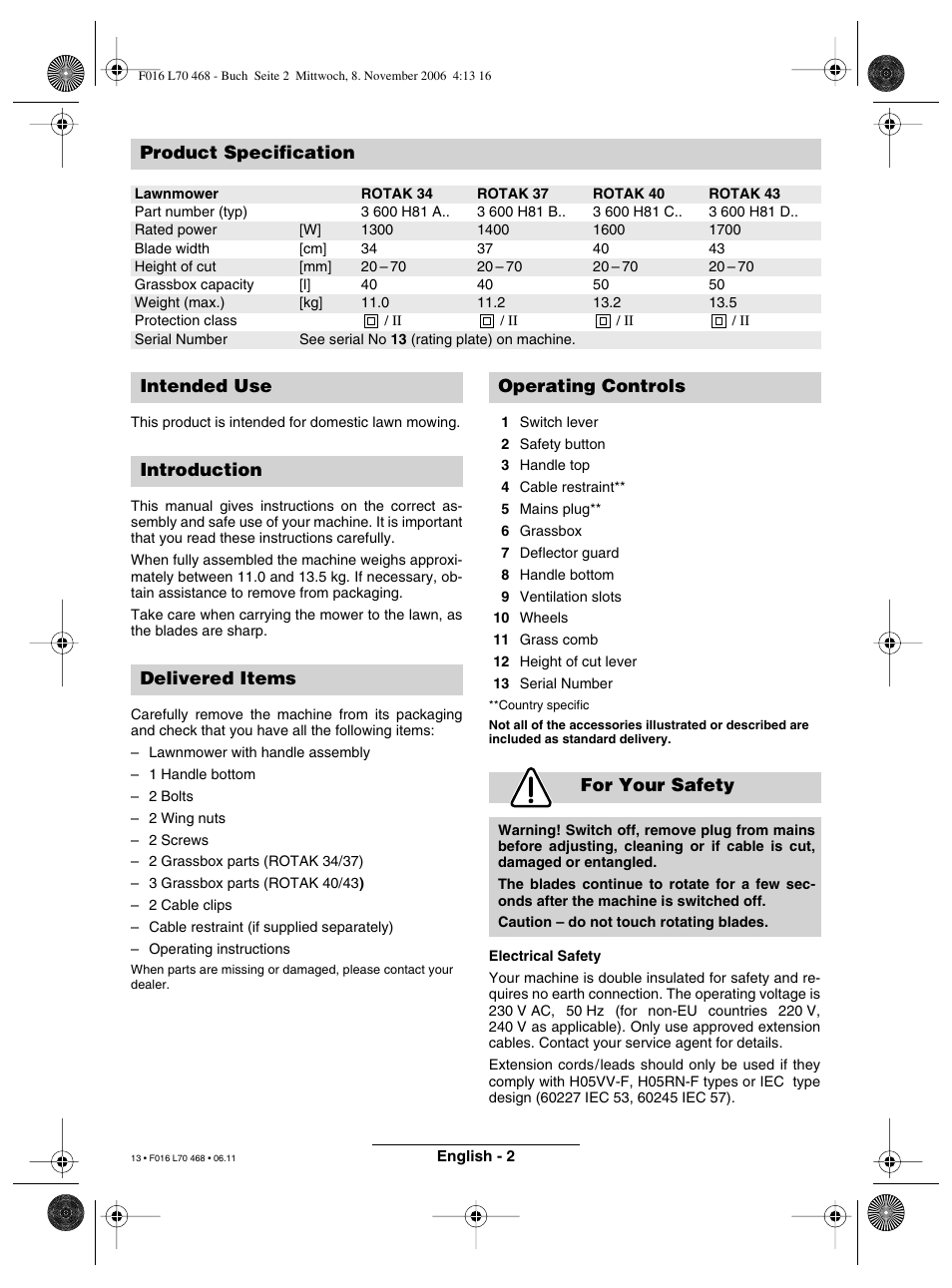 Product specification | Bosch ROTAK 37 User Manual | Page 13 / 171