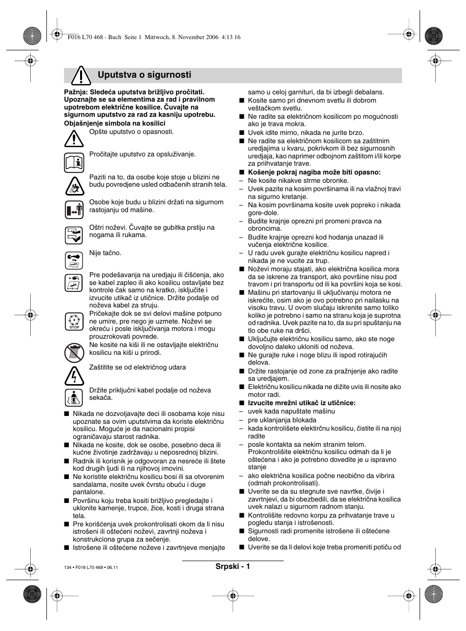 Uputstva o sigurnosti | Bosch ROTAK 37 User Manual | Page 134 / 171