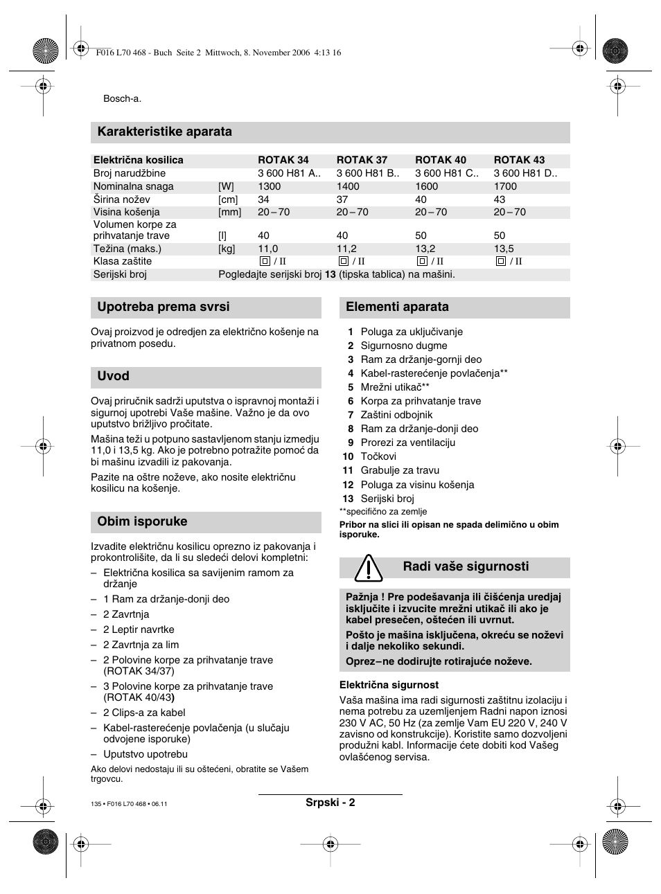 Karakteristike aparata | Bosch ROTAK 37 User Manual | Page 135 / 171